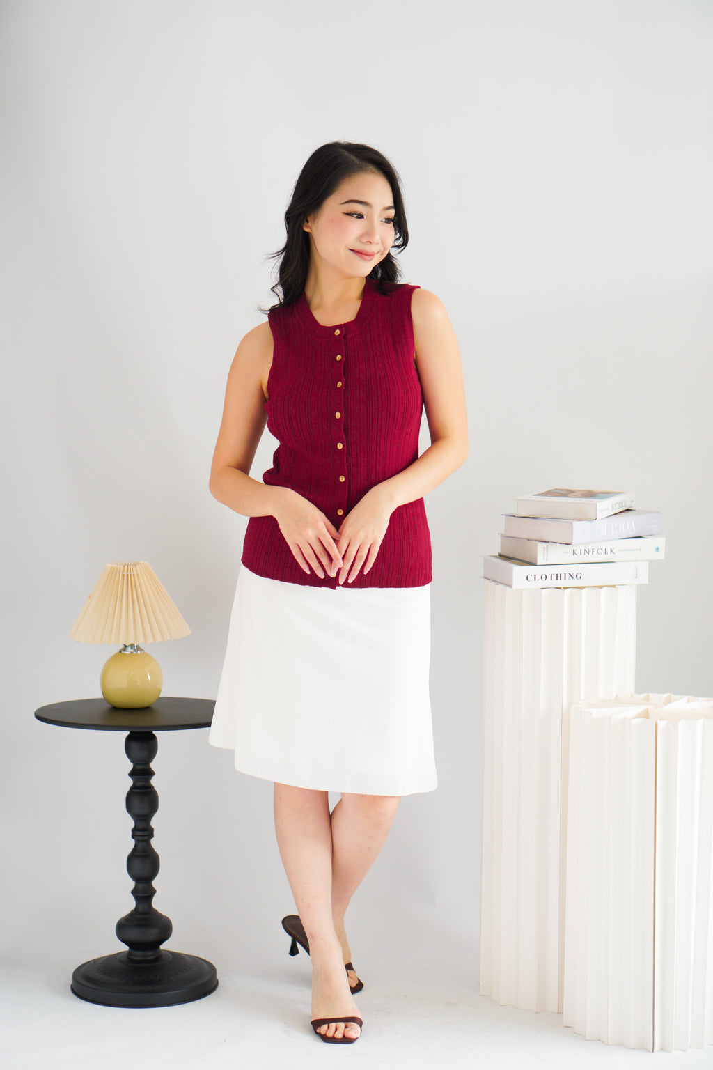 Noelle Button Down Sleeveless Knit Top in Red