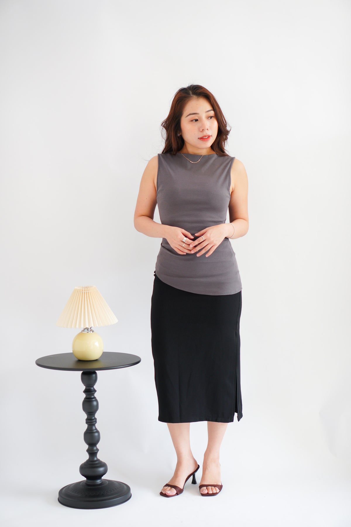 Soleil Basic High Neck Ruched Waist Top in Grey
