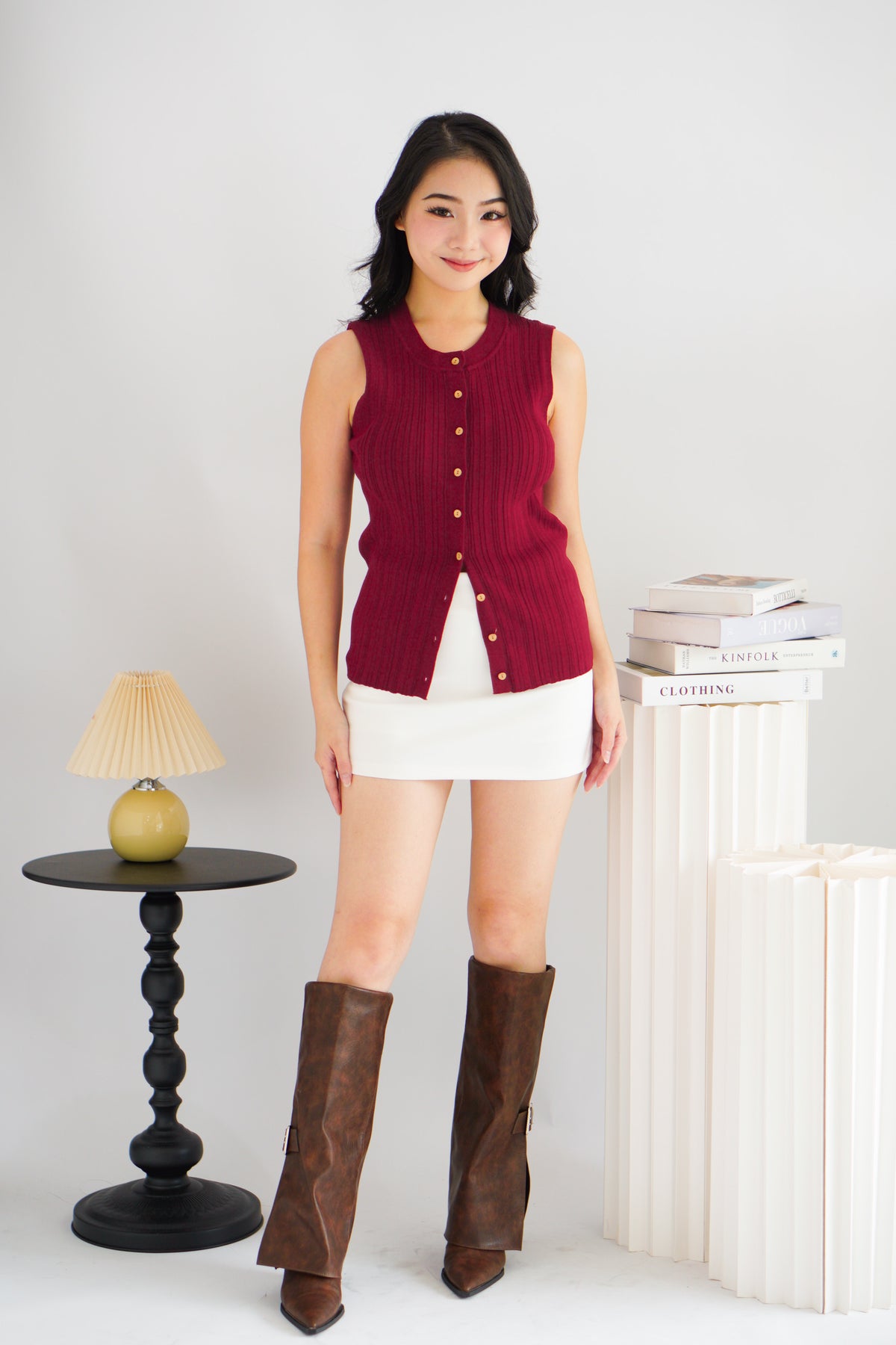 Noelle Button Down Sleeveless Knit Top in Red