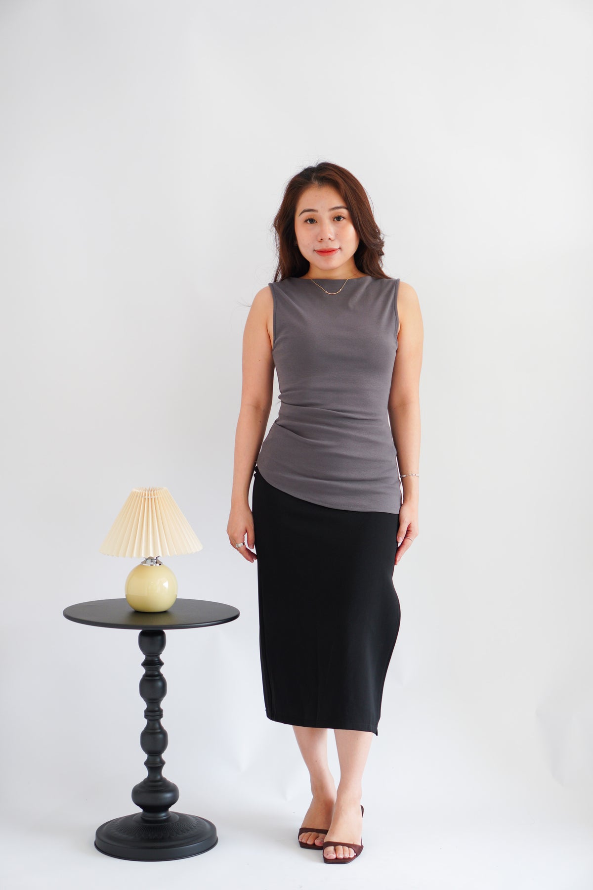 Soleil Basic High Neck Ruched Waist Top in Grey