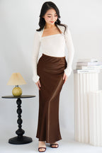 Elira Maxi A-line Satin Skirt in Brown