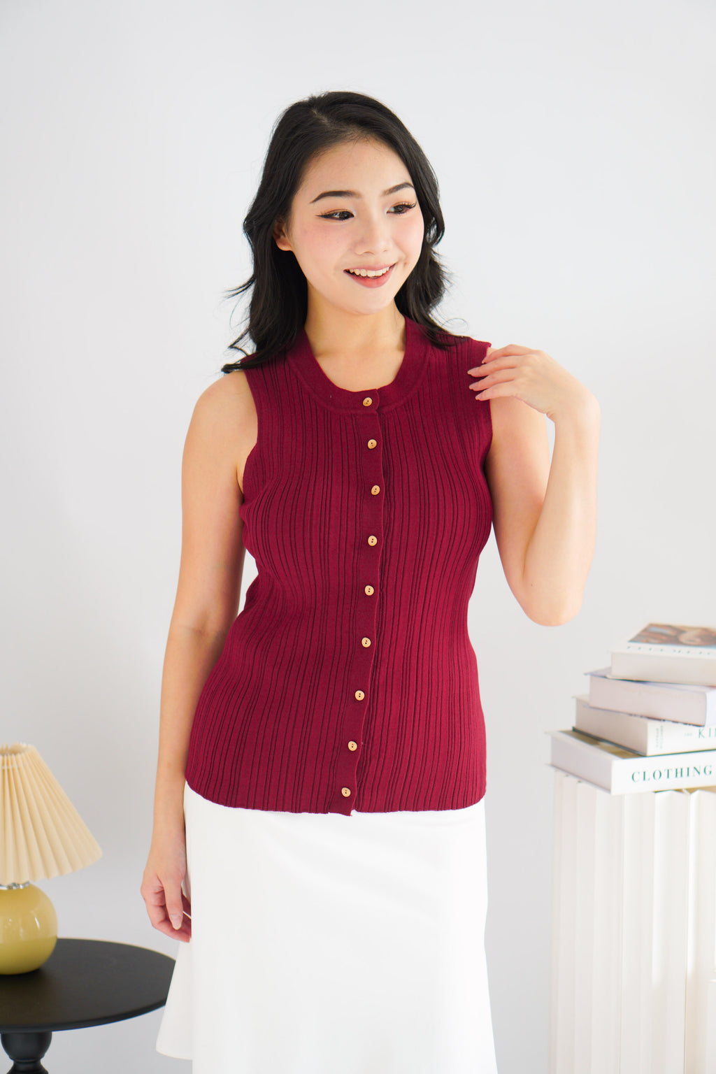 Noelle Button Down Sleeveless Knit Top in Red
