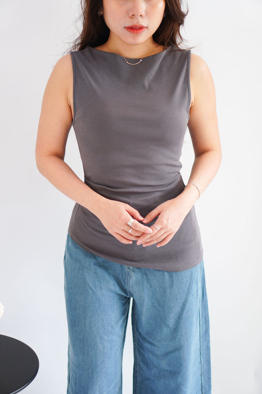Soleil Basic High Neck Ruched Waist Top in Grey
