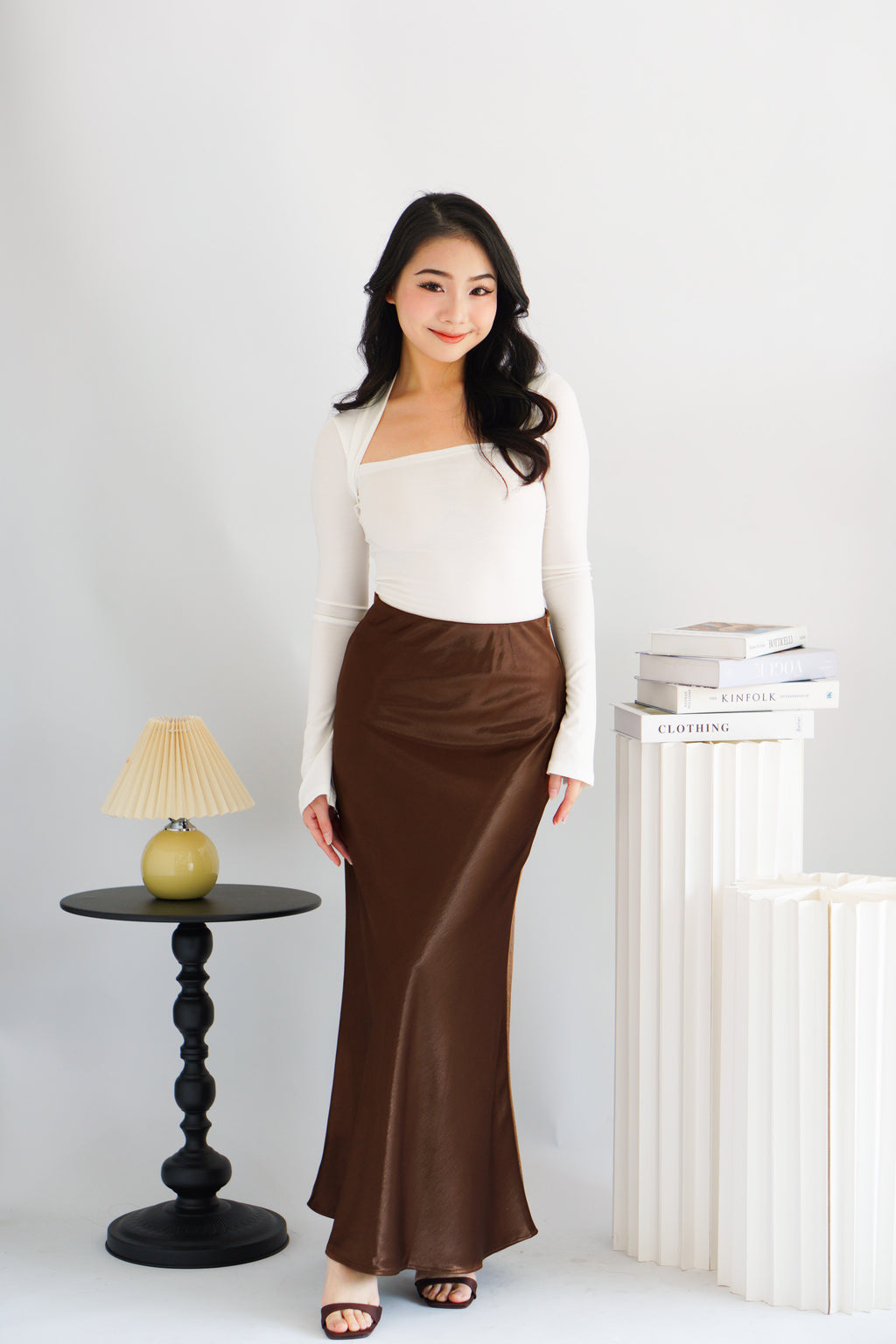 Elira Maxi A-line Satin Skirt in Brown