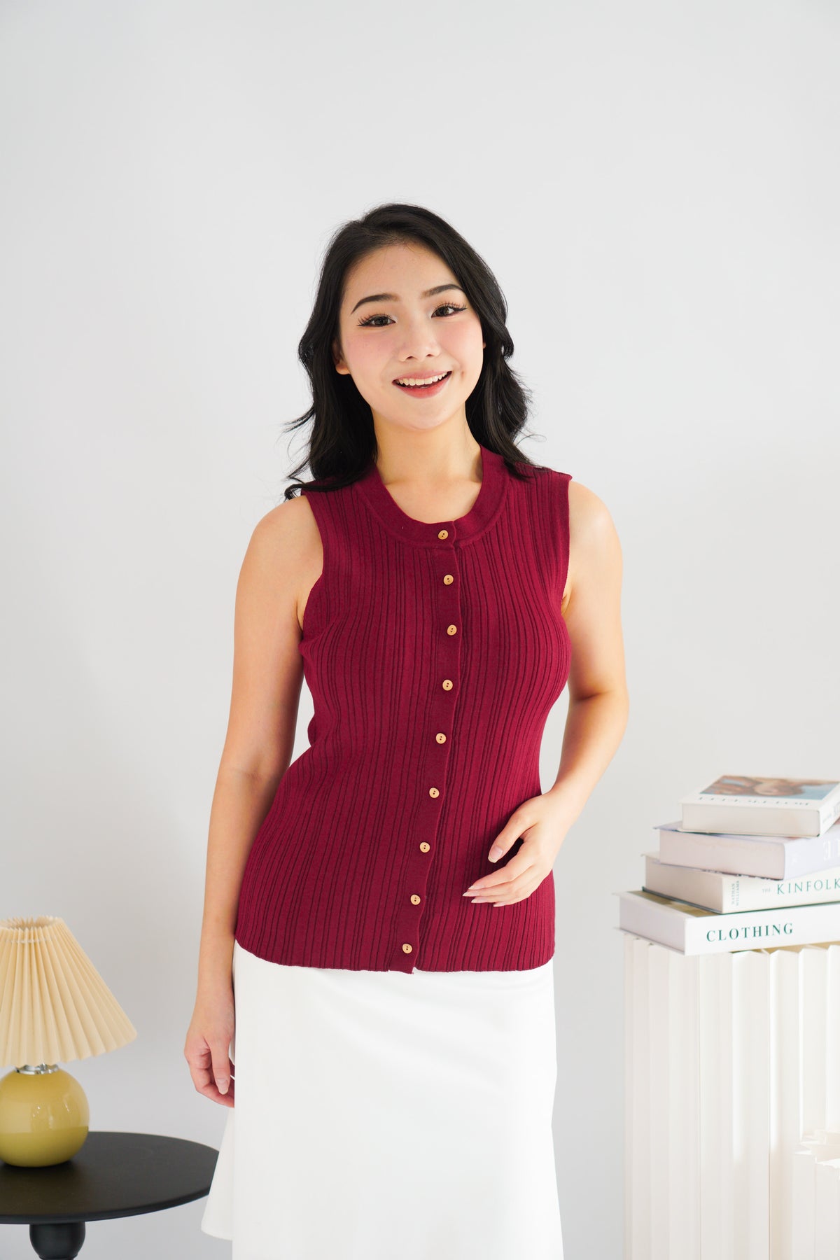 Noelle Button Down Sleeveless Knit Top in Red