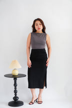 Soleil Basic High Neck Ruched Waist Top in Grey
