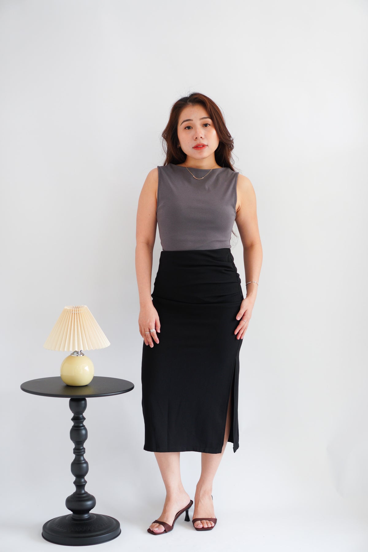 Soleil Basic High Neck Ruched Waist Top in Grey