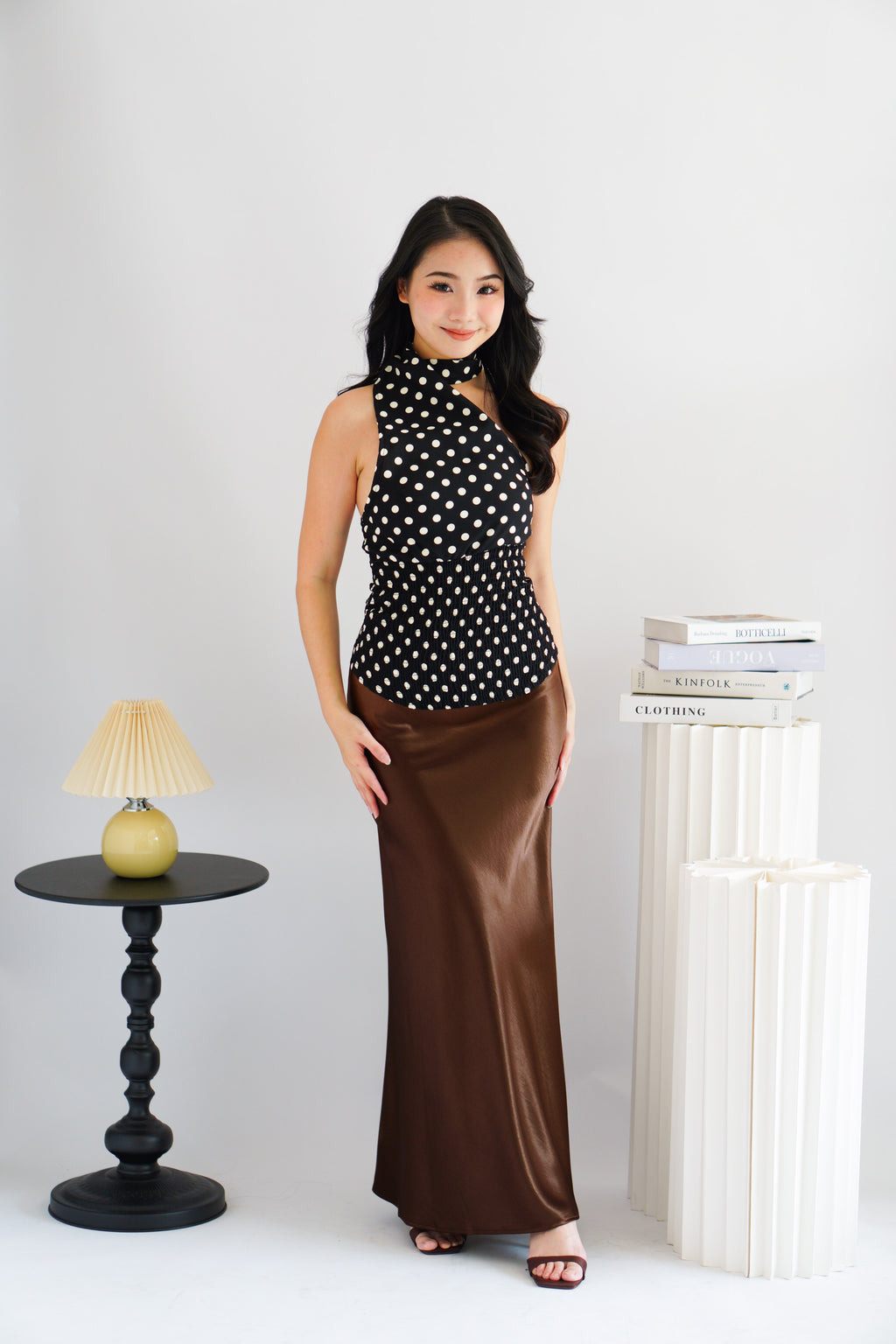 Elira Maxi A-line Satin Skirt in Brown