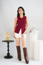 Noelle Button Down Sleeveless Knit Top in Red