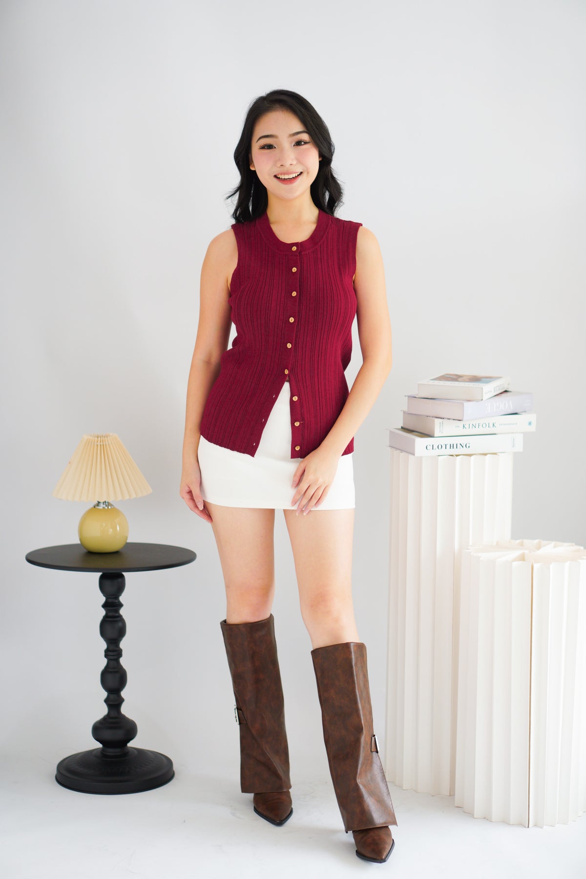 Noelle Button Down Sleeveless Knit Top in Red