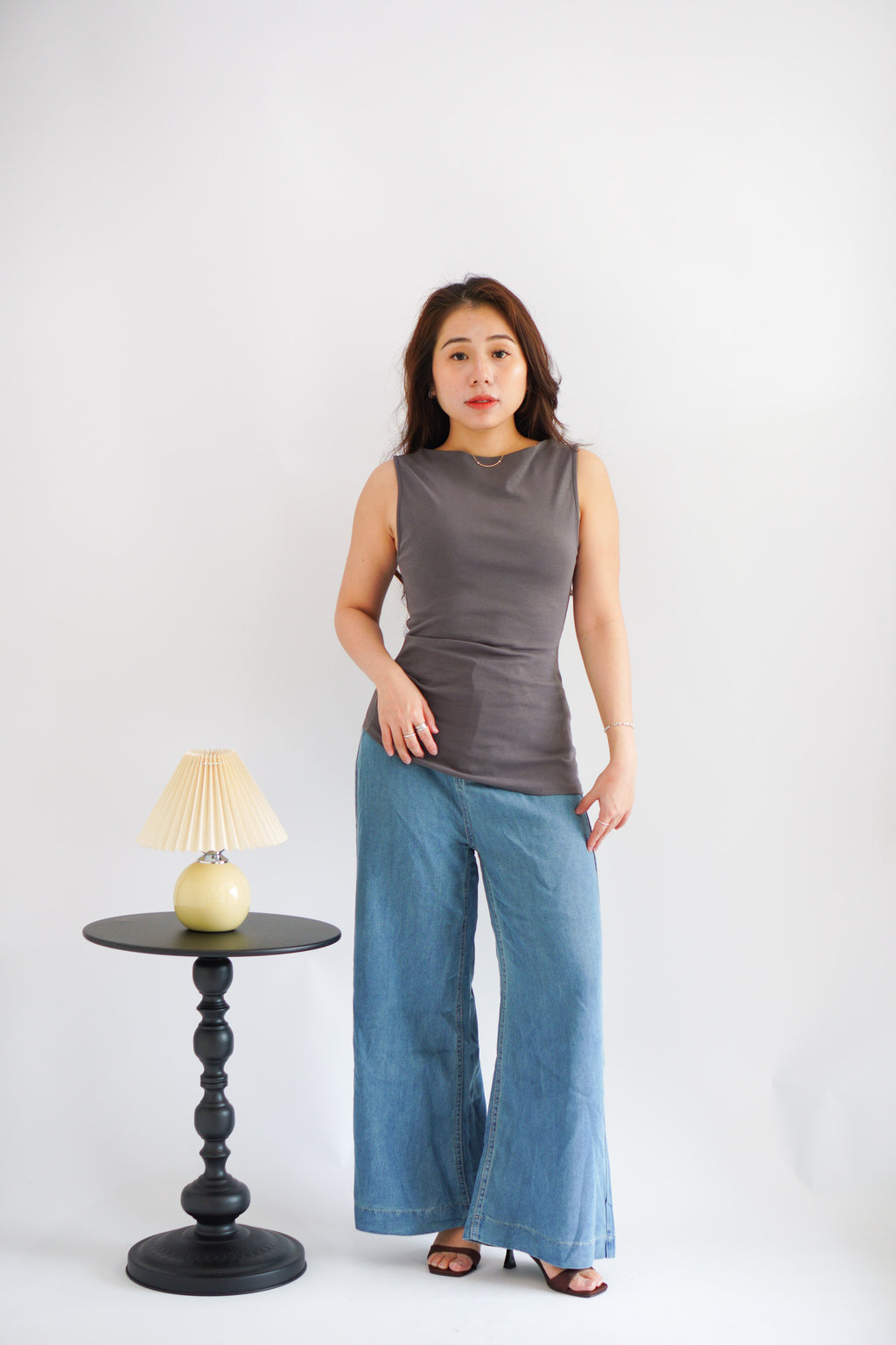 Soleil Basic High Neck Ruched Waist Top in Grey