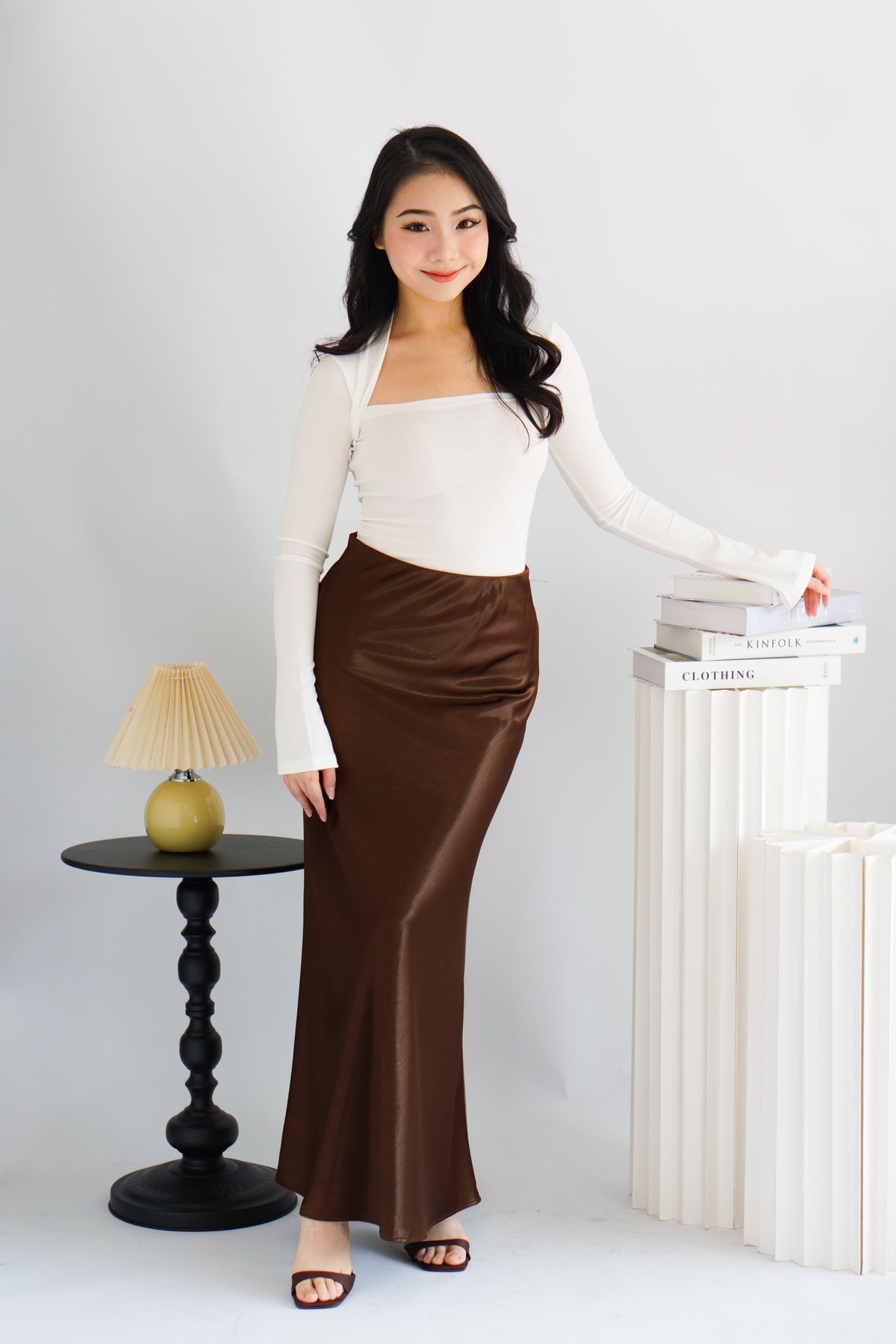 Elira Maxi A-line Satin Skirt in Brown