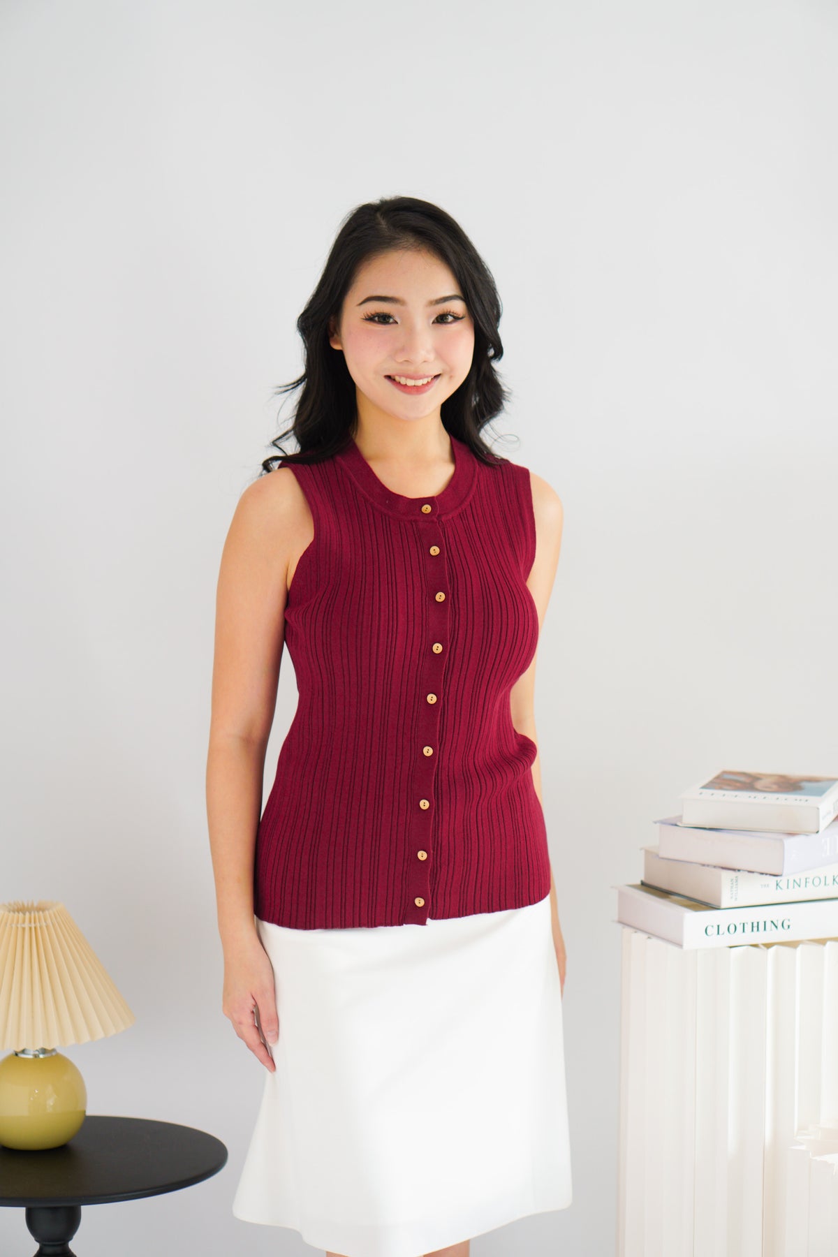 Noelle Button Down Sleeveless Knit Top in Red