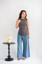 Soleil Basic High Neck Ruched Waist Top in Grey