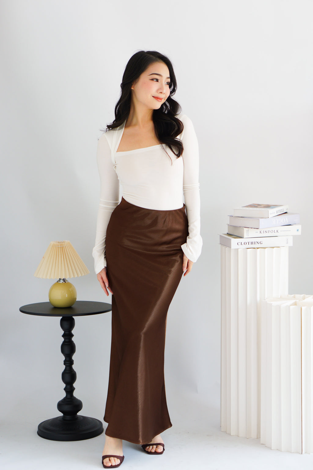Elira Maxi A-line Satin Skirt in Brown