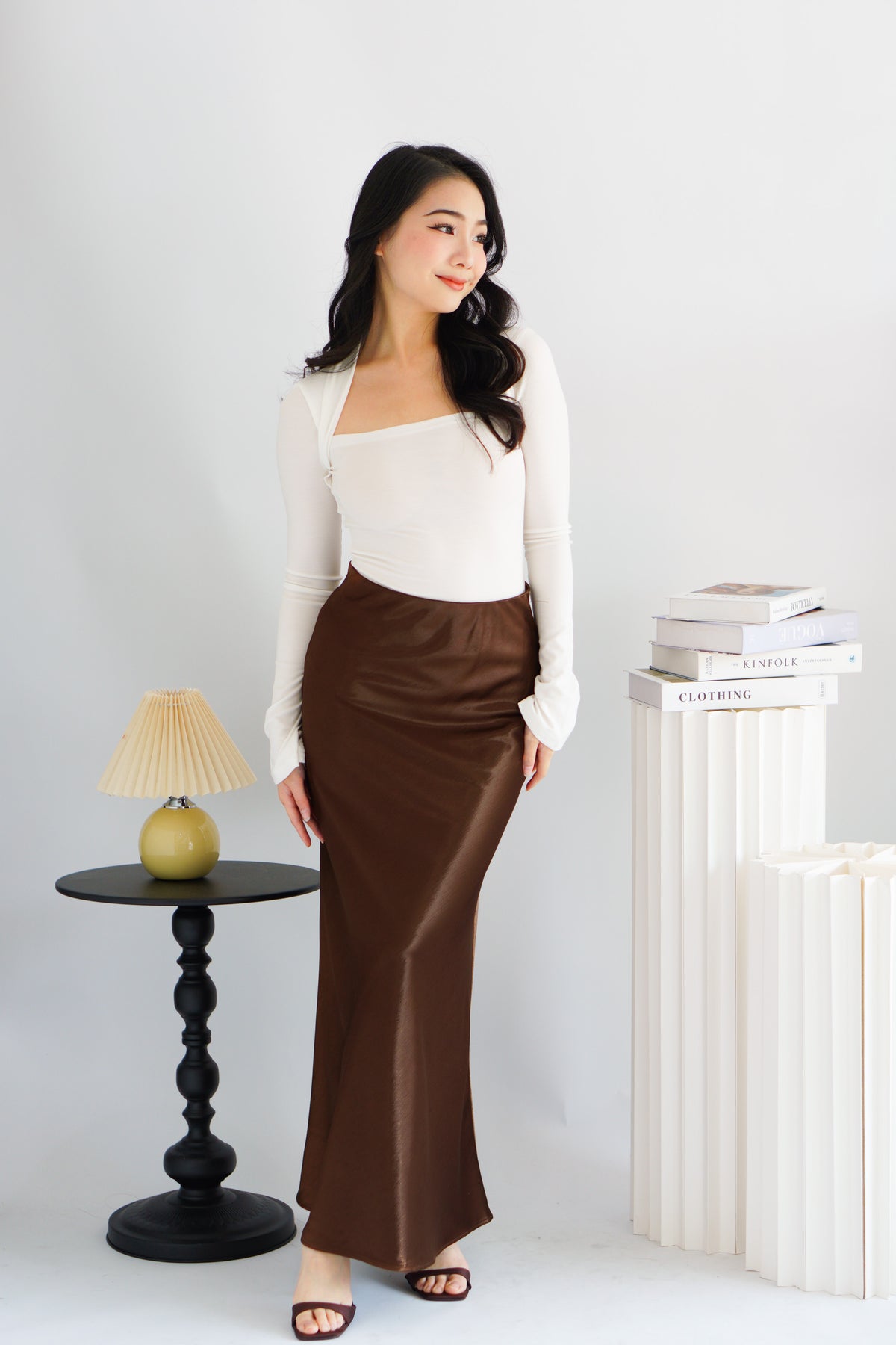 Elira Maxi A-line Satin Skirt in Brown