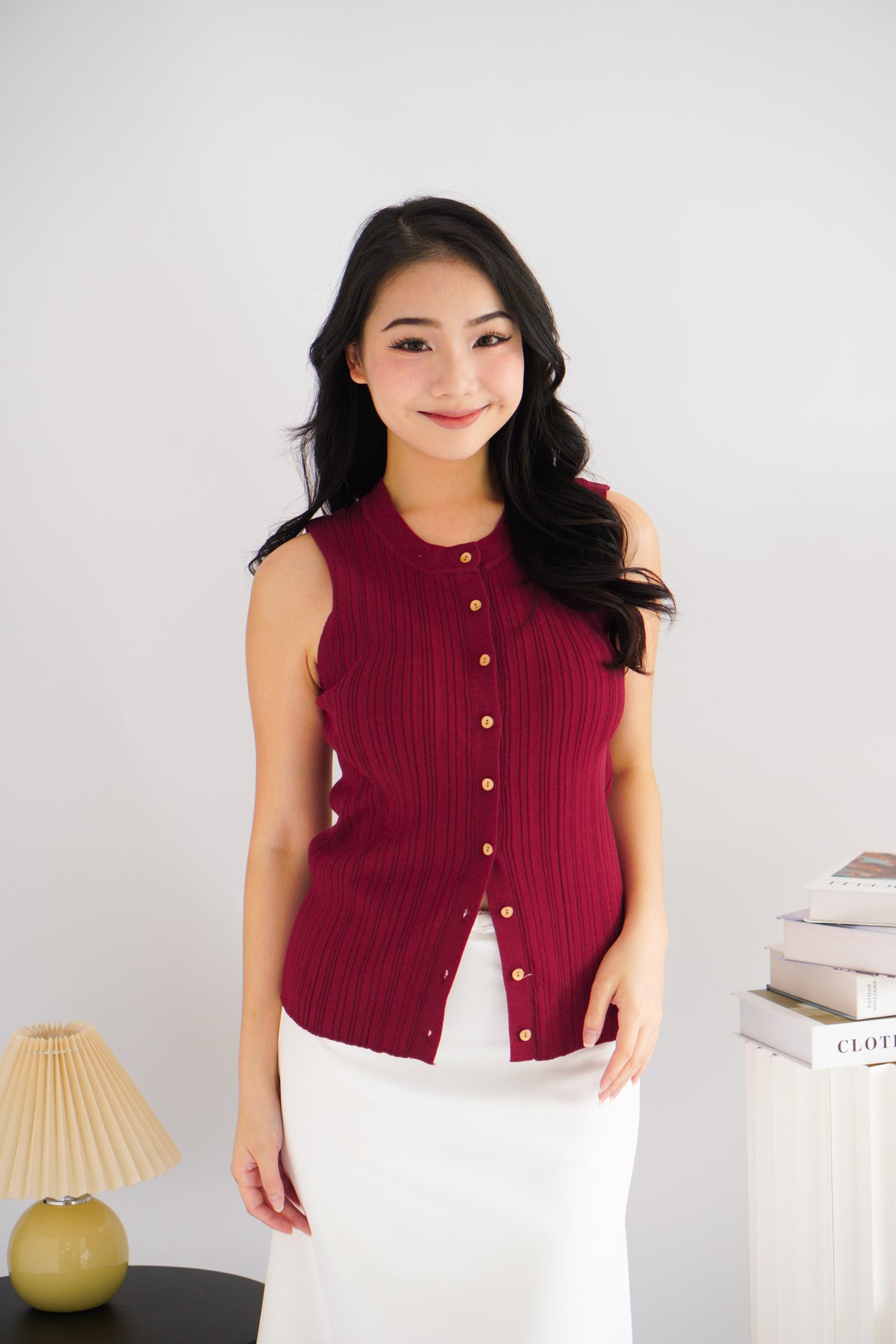 Noelle Button Down Sleeveless Knit Top in Red