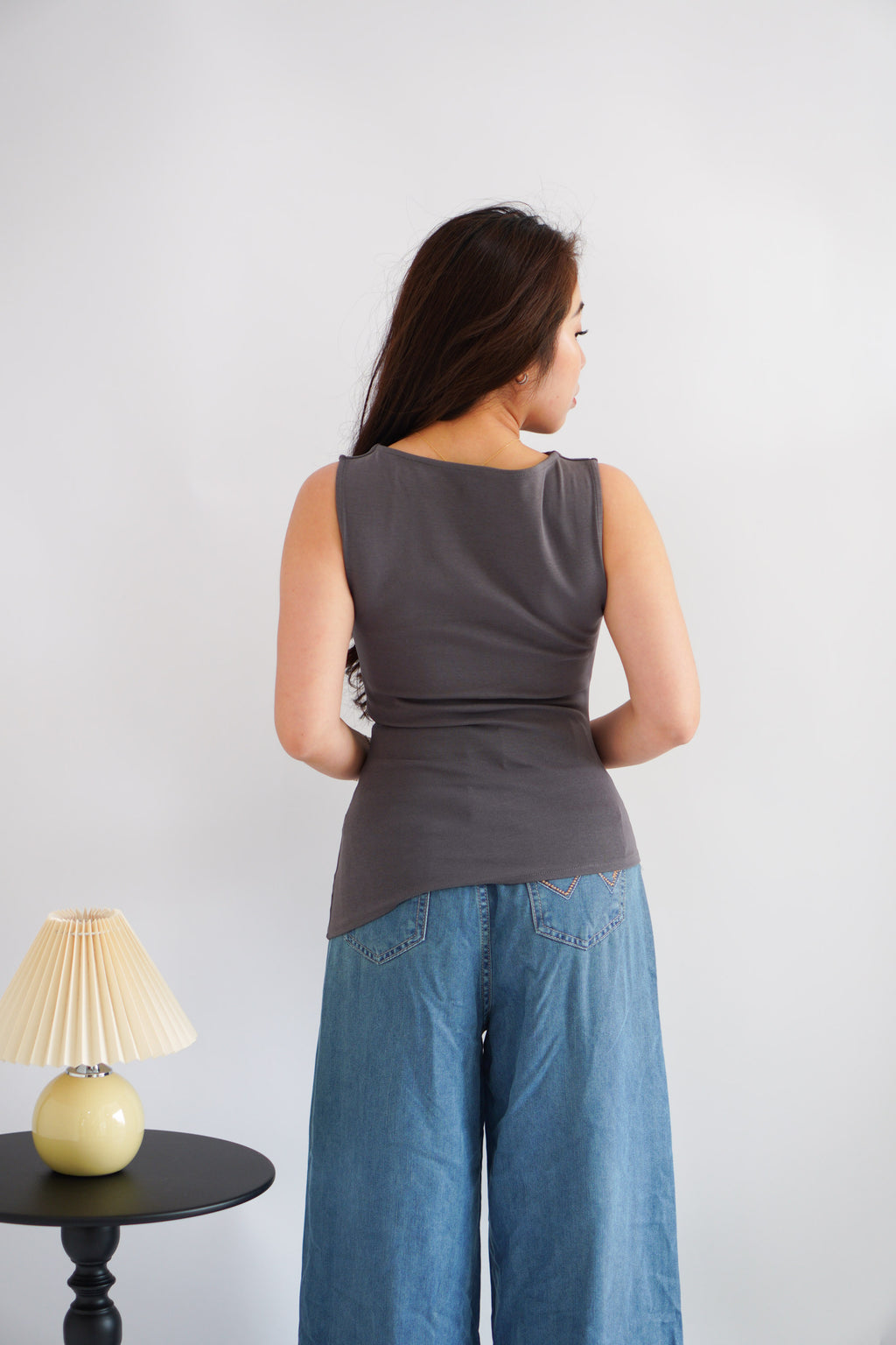 Soleil Basic High Neck Ruched Waist Top in Grey