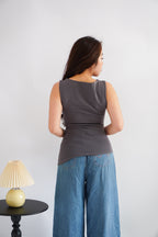 Soleil Basic High Neck Ruched Waist Top in Grey