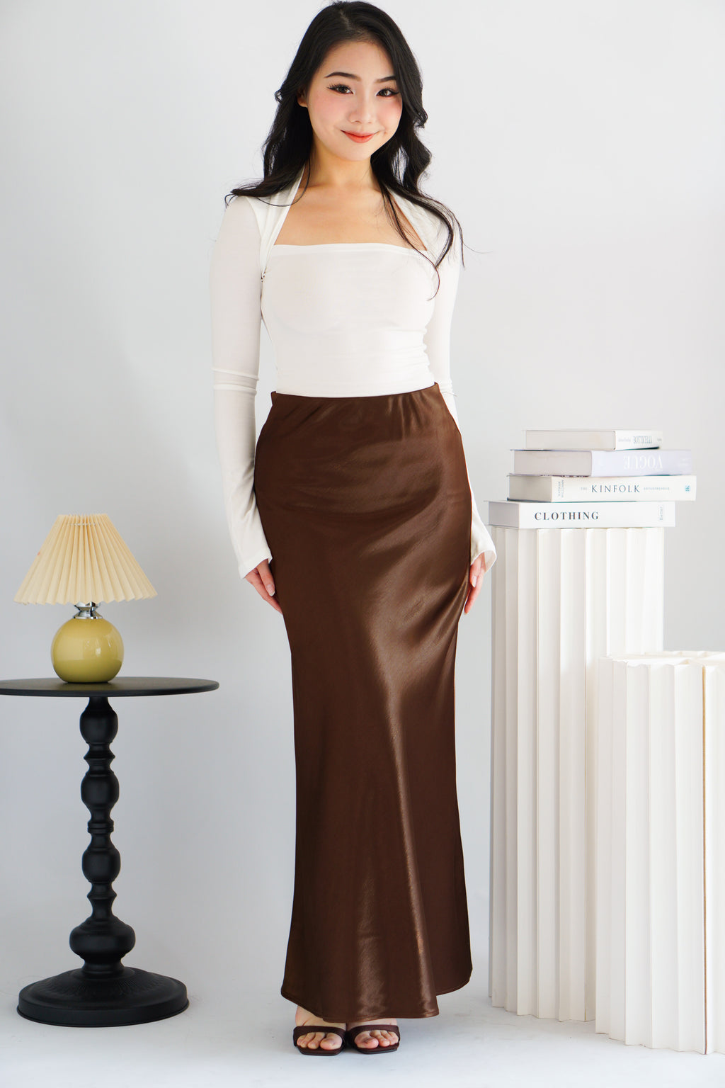 Elira Maxi A-line Satin Skirt in Brown