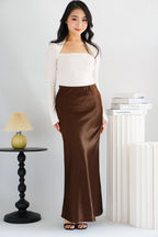 Elira Maxi A-line Satin Skirt in Brown