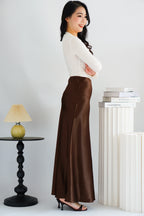 Elira Maxi A-line Satin Skirt in Brown