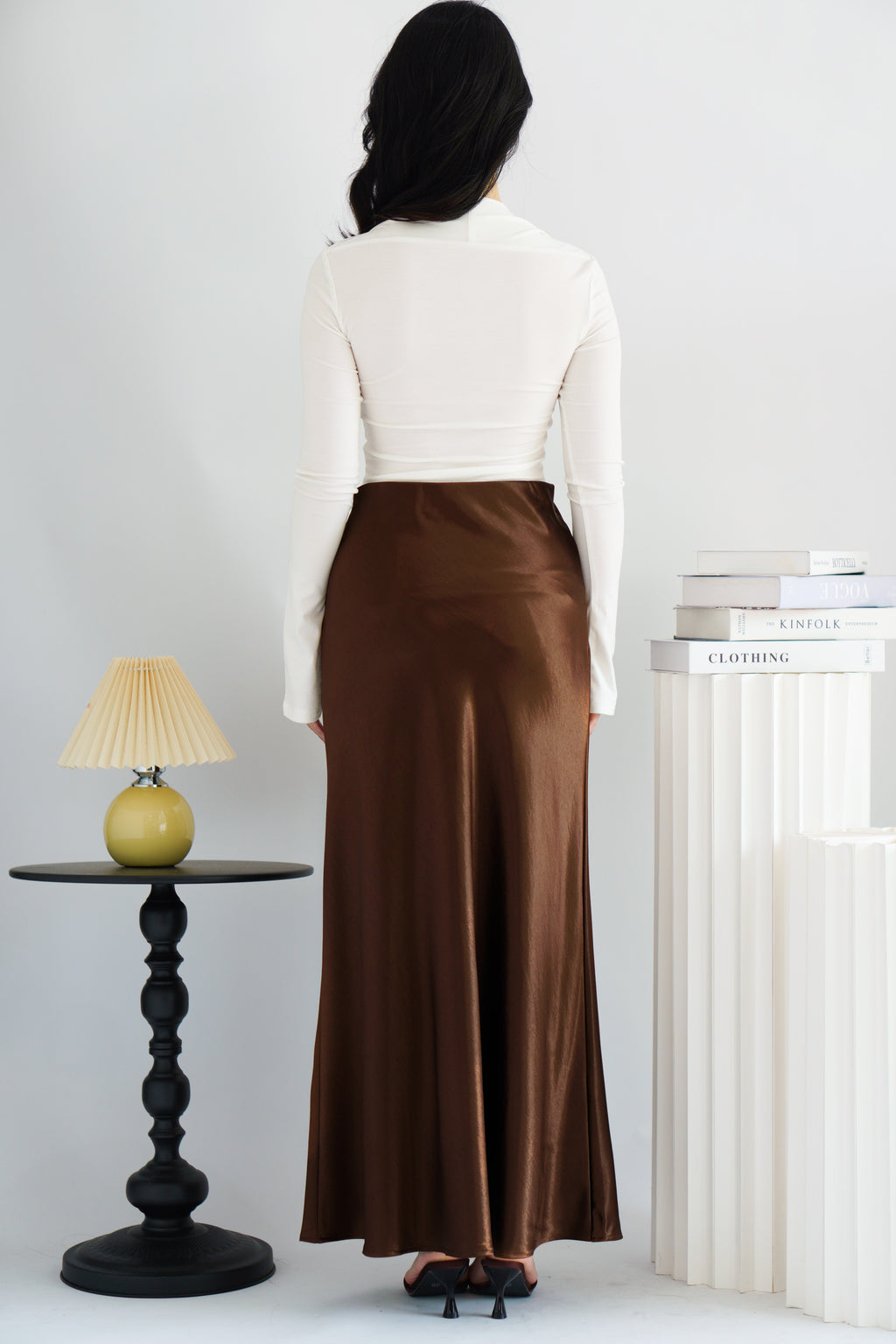 Elira Maxi A-line Satin Skirt in Brown