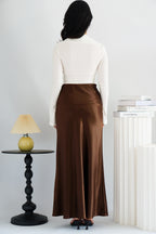 Elira Maxi A-line Satin Skirt in Brown