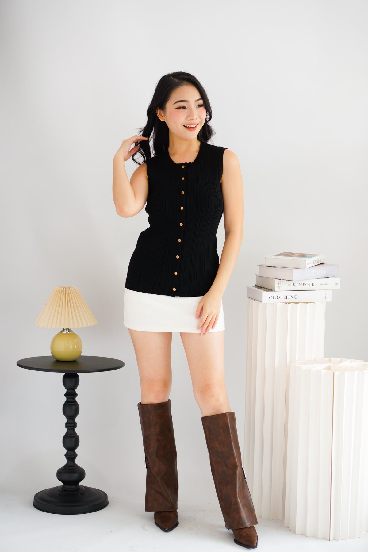 Noelle Button Down Sleeveless Knit Top in Black