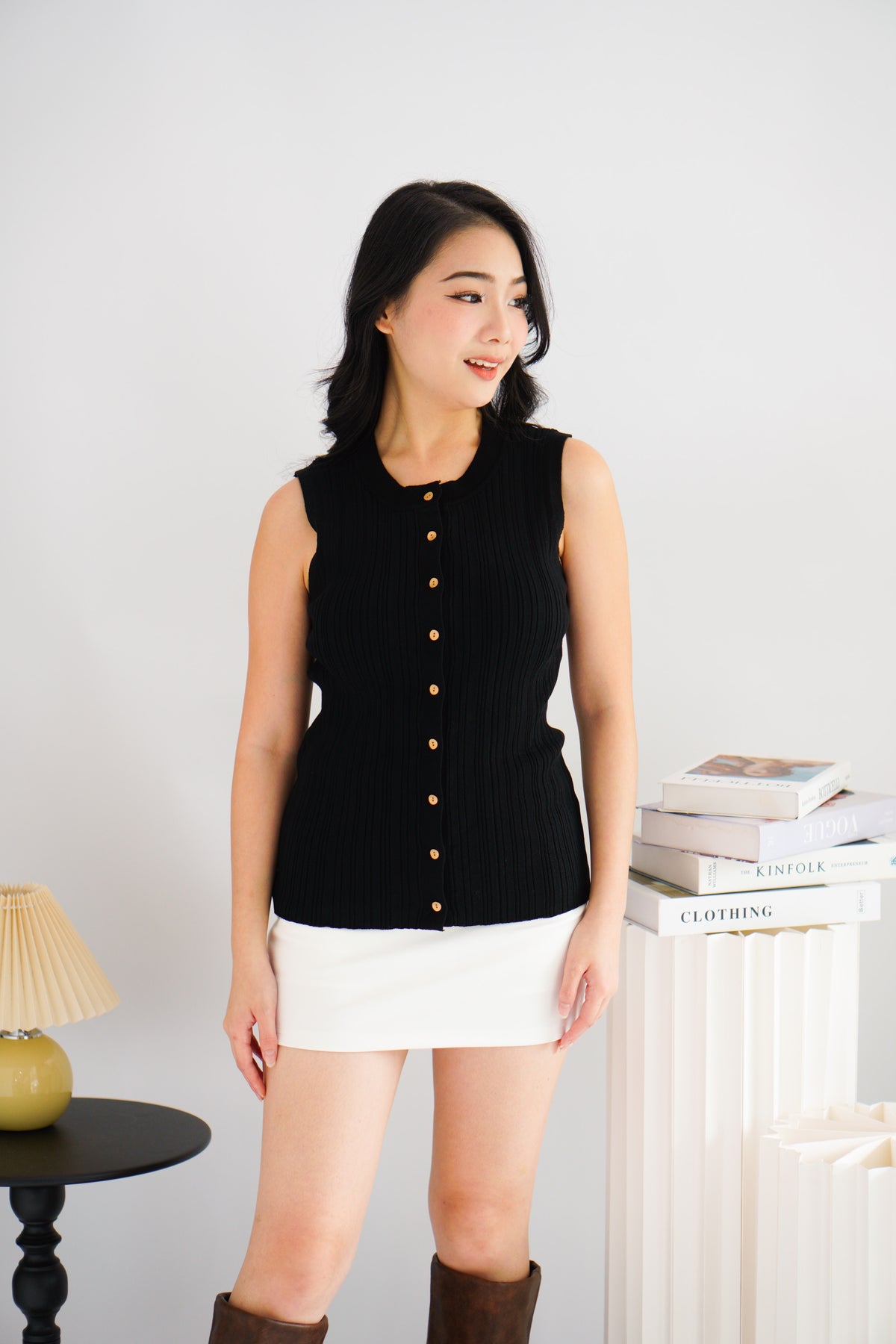 Noelle Button Down Sleeveless Knit Top in Black