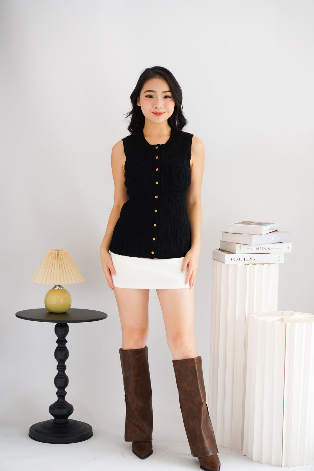Noelle Button Down Sleeveless Knit Top in Black