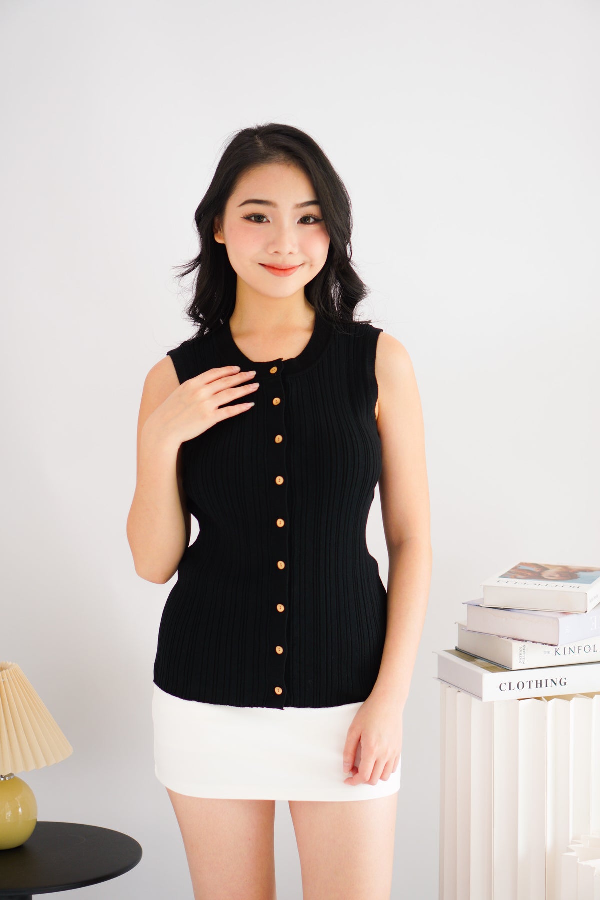 Noelle Button Down Sleeveless Knit Top in Black
