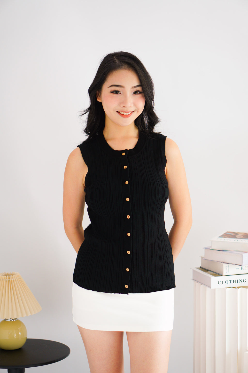 Noelle Button Down Sleeveless Knit Top in Black