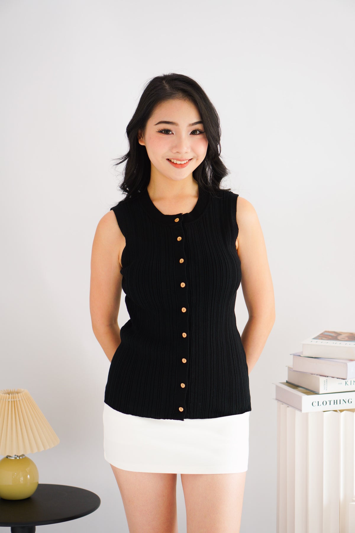 Noelle Button Down Sleeveless Knit Top in Black