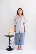 Bren Oversized Stripes Button Down Long Sleeve Top in Blue Stripes
