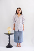 Bren Oversized Stripes Button Down Long Sleeve Top in Blue Stripes