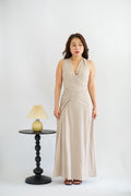 Arissa Self-Wrap Waist Maxi Dress in Beige Khaki