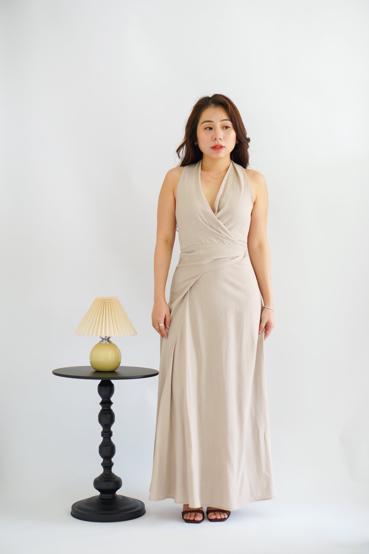 Arissa Self-Wrap Waist Maxi Dress in Beige Khaki