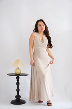 Arissa Self-Wrap Waist Maxi Dress in Beige Khaki