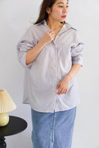 Bren Oversized Stripes Button Down Long Sleeve Top in Blue Stripes