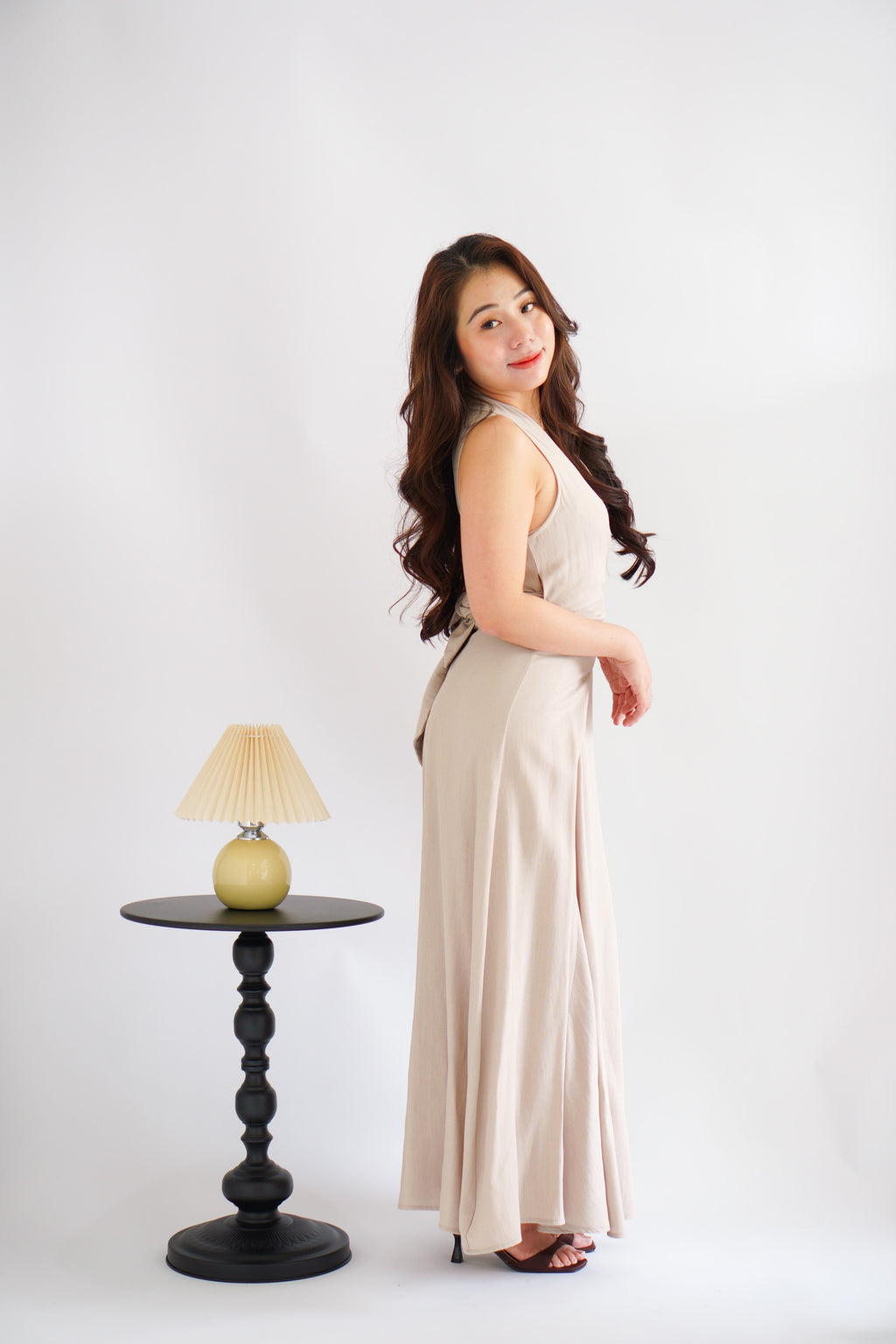 Arissa Self-Wrap Waist Maxi Dress in Beige Khaki