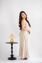 Arissa Self-Wrap Waist Maxi Dress in Beige Khaki