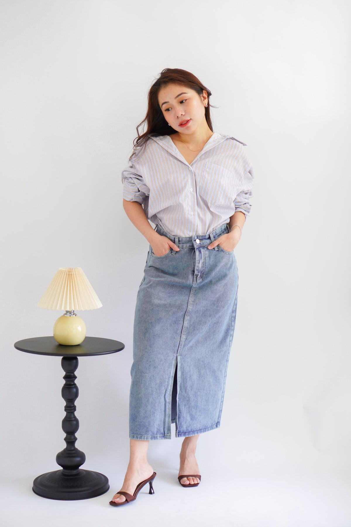 Bren Oversized Stripes Button Down Long Sleeve Top in Blue Stripes