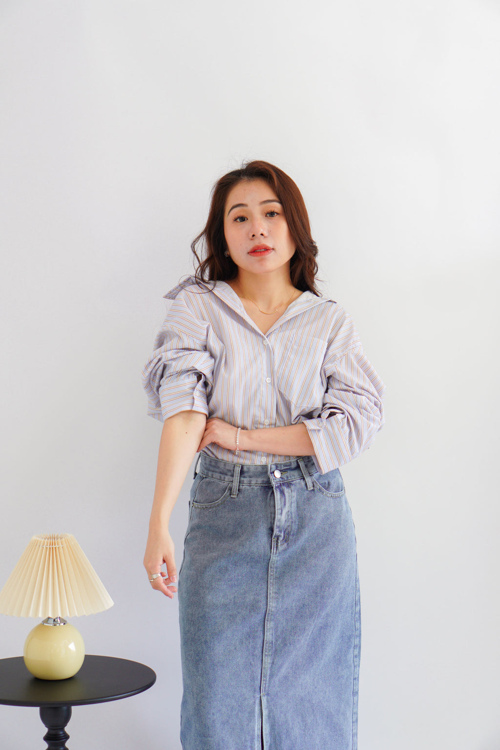 Bren Oversized Stripes Button Down Long Sleeve Top in Blue Stripes
