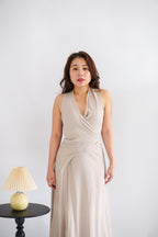 Arissa Self-Wrap Waist Maxi Dress in Beige Khaki