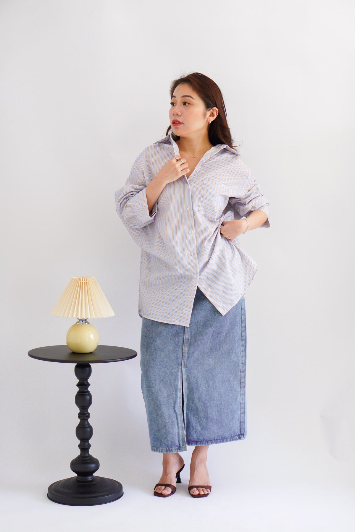 Bren Oversized Stripes Button Down Long Sleeve Top in Blue Stripes