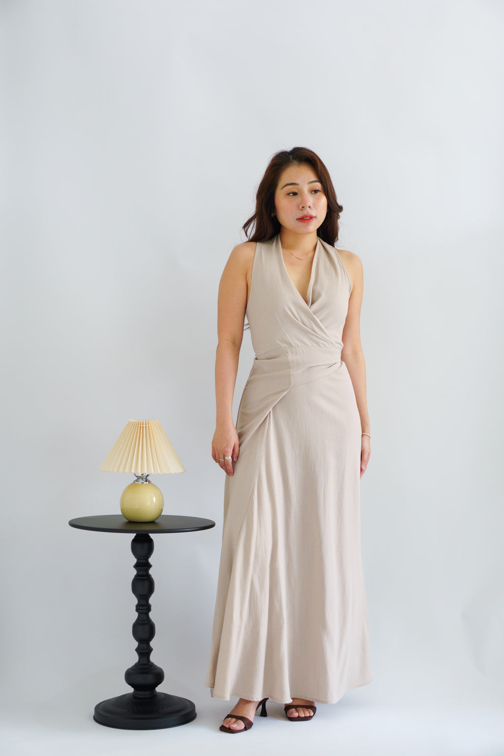 Arissa Self-Wrap Waist Maxi Dress in Beige Khaki