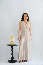 Arissa Self-Wrap Waist Maxi Dress in Beige Khaki
