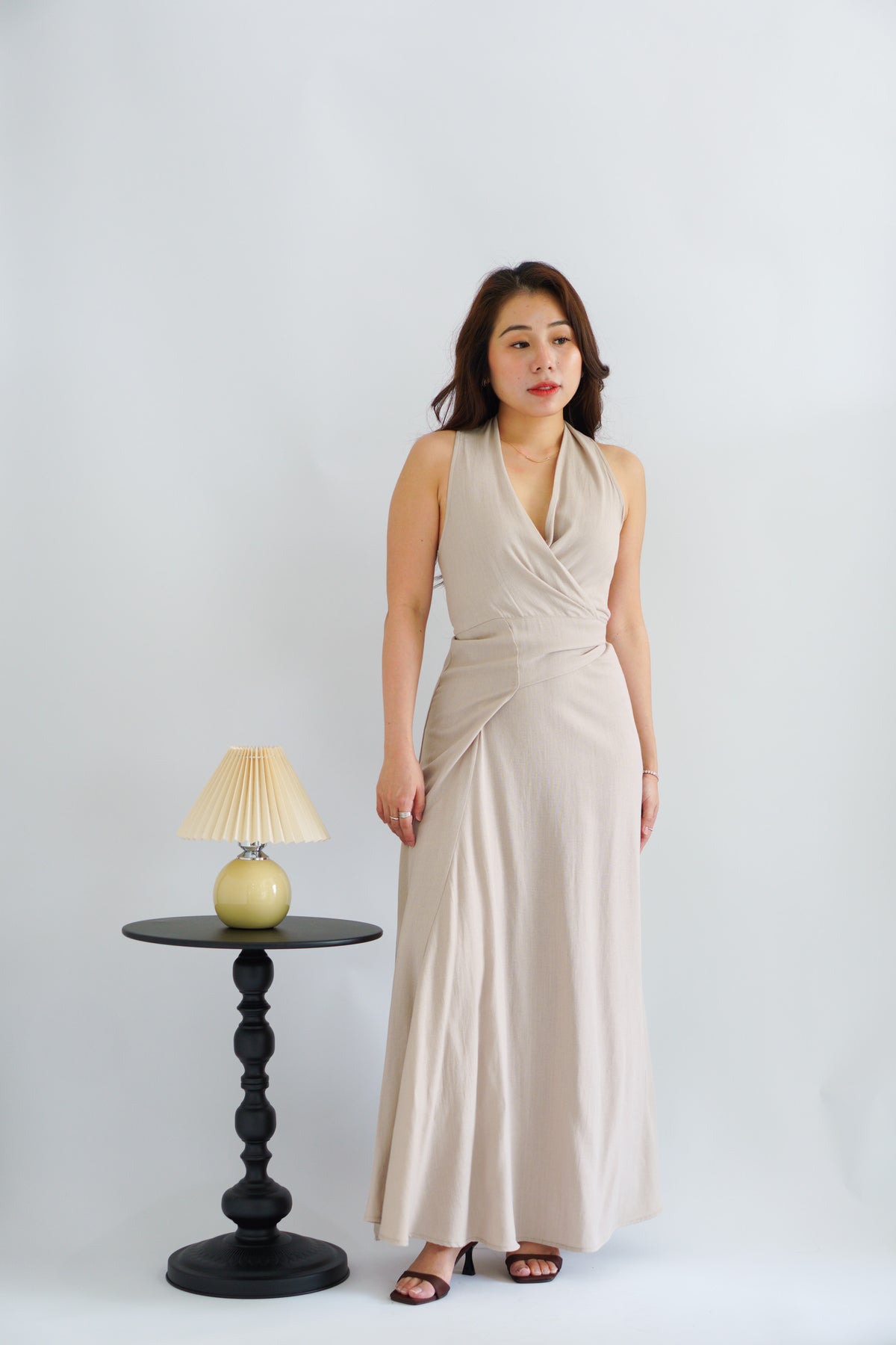 Arissa Self-Wrap Waist Maxi Dress in Beige Khaki