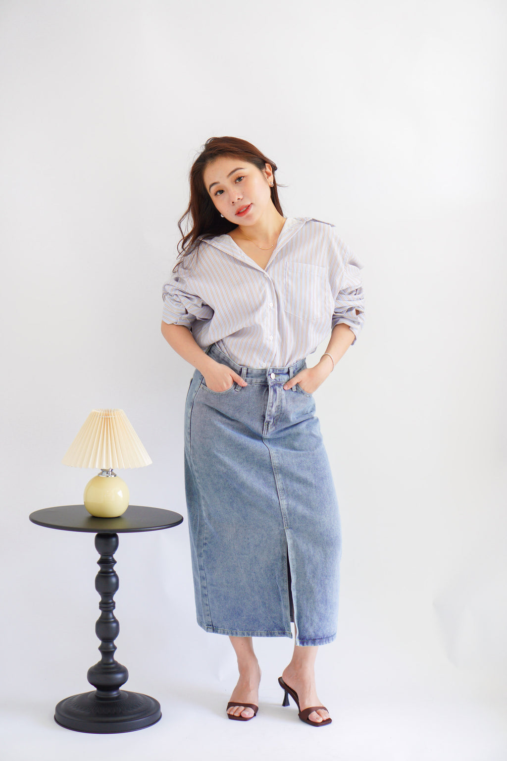Bren Oversized Stripes Button Down Long Sleeve Top in Blue Stripes